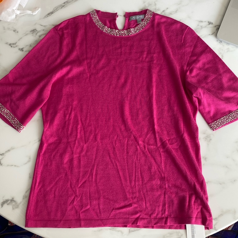 Neiman Marcus Cashmere Silk Wool Pink Rhinestone Sweater, Size L